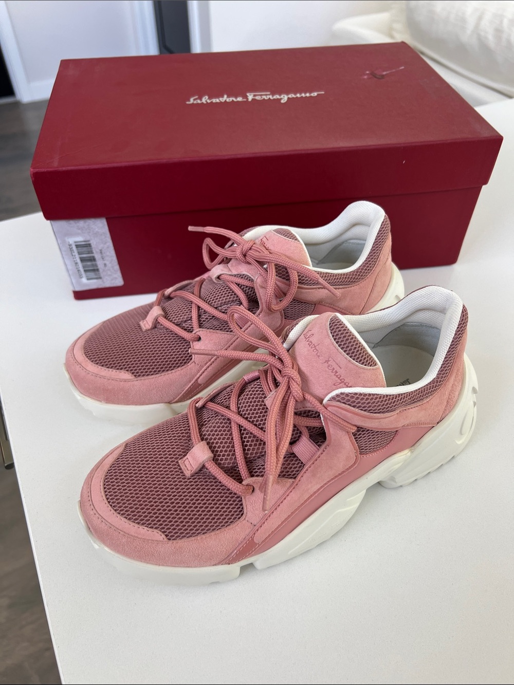 Salvatore Ferragamo skylar lace up desert rose pink suede sneakers 5.5